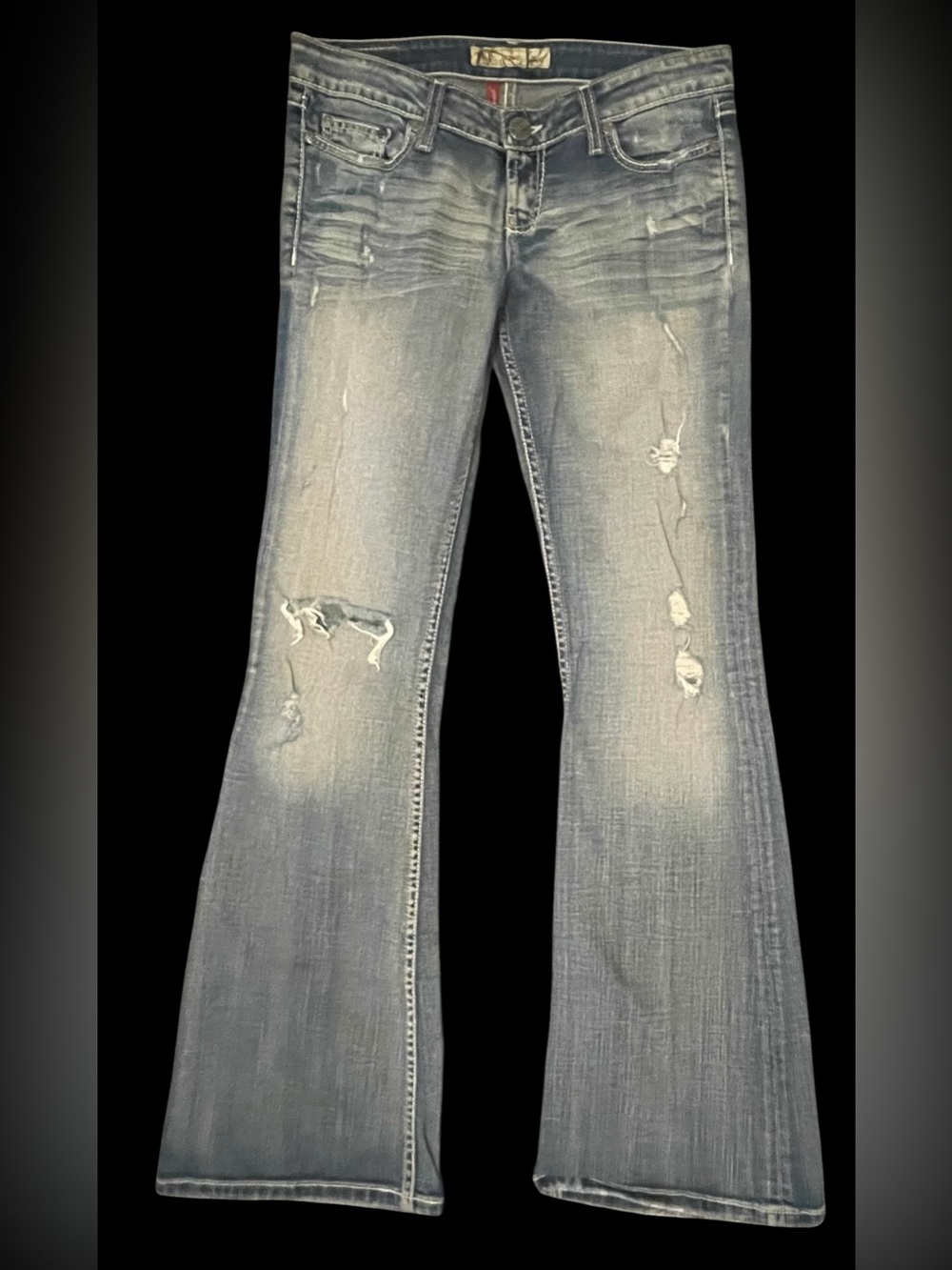 BKE Women's Light Blue Distressed Flare Jeans
